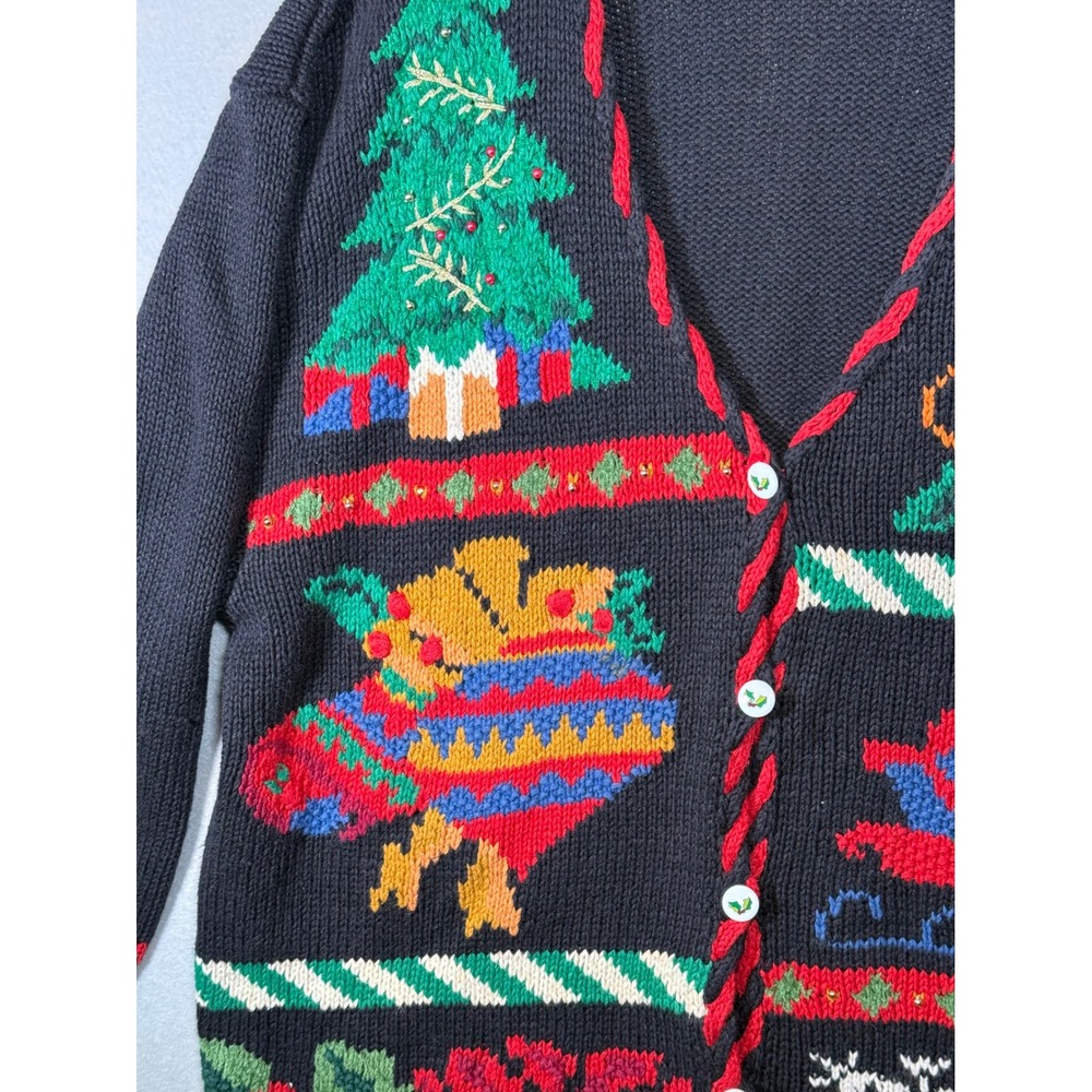 VTG Lauren Rogers Christmas Cardigan Sweater Black Knit Holiday Sleigh Tree 90's - Picture 3 of 11